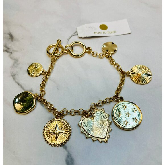True to Form Gold Tone Charm Bracelet Sunburst & Heart Pendants -171 - Picture 1 of 4